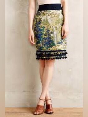 Maeve Floral Jacquard Pencil Skirt in Green, Blue & Black 900